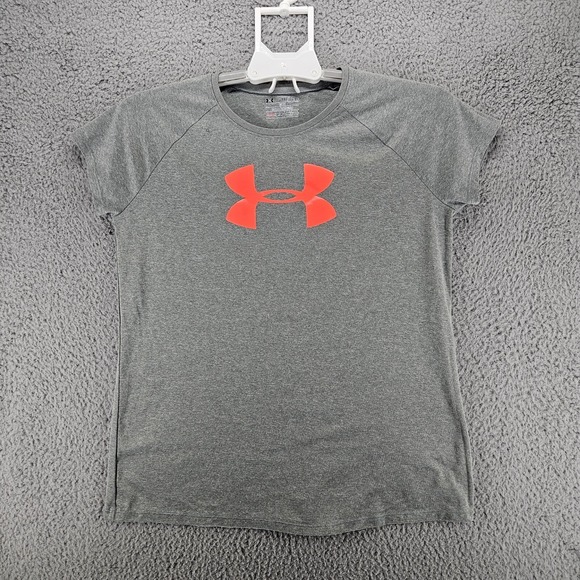 Under Armour Other - Under Armour HeatGear Gray Orange Logo T-Shirt Youth XL Womens Small Loose Fit